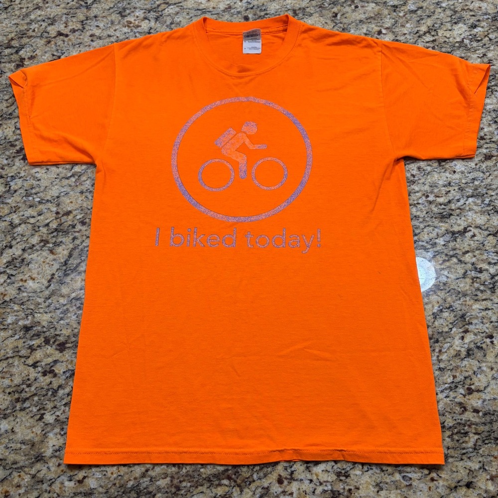 Gildan Ultra Cotton Mens Orange I Biked Today Graphic T-Shirt Size M Commuter v